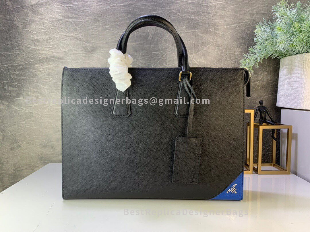 Prada Saffiano Leather Briefcase With Blue Metal Logo Detail In The Top Corner SHW 039